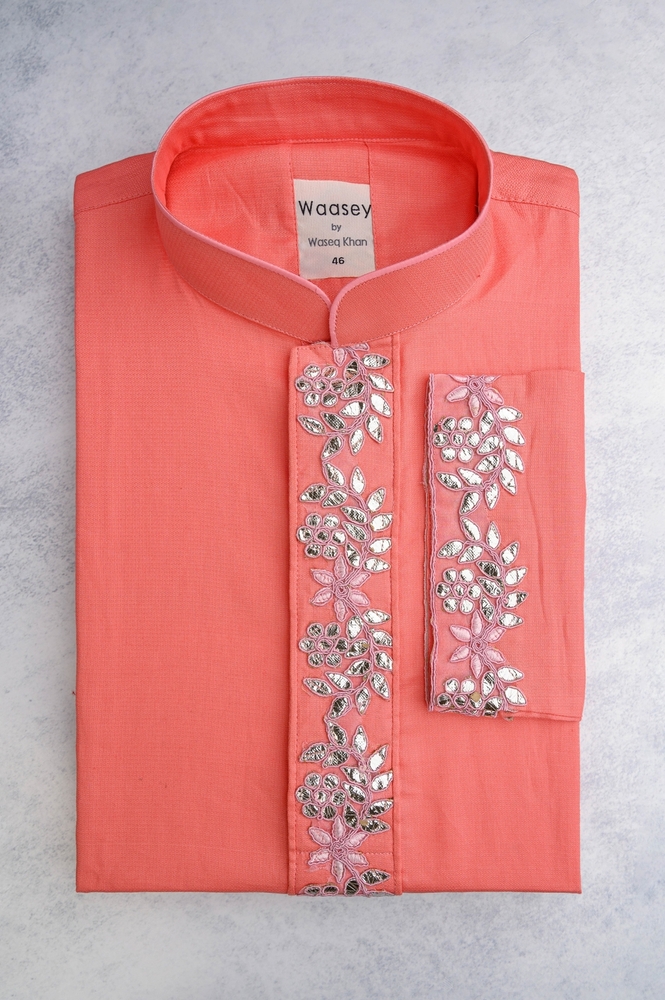 Light Pink Panjabi with Embroidered Floral Detailing
